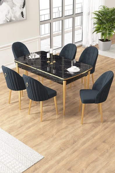 Canisa Edaf Serisi 80x132 Açılabilir Siyah Mermer Desen Mutfak Masa Takımı 6 Antrasit Sandalye Gold Detay ürün görseli 1