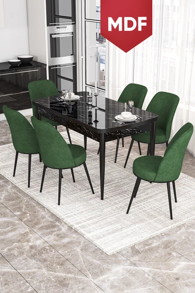 Canisa Kor Serisi, Siyah Mermer Desen 70x114 Açılabilir MDF Yemek Masası Takımı, 6 Sandalye ürün görseli 1
