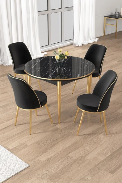 Canisa Osle Serisi 90x90 Yuvarlak Siyah Mermer Desen Mutfak Masa Takımı 4 Sandalye Gold Detay ürün görseli 1
