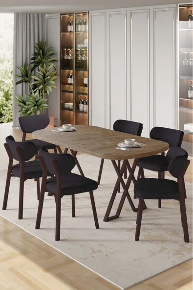 Canisa Axton Serisi Sabit Mdf 90x168 Atlantik Çam Mutfak Masa Takımı 6 Antrasit Sandalye ürün görseli 1