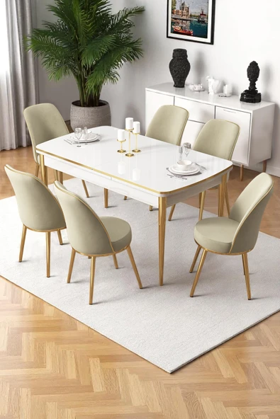 Canisa Nira Serisi 70x114 Mdf Açılabilir Beyaz Mutfak Masa Takımı 6 Krem Sandalye Gold Detay ürün görseli 1