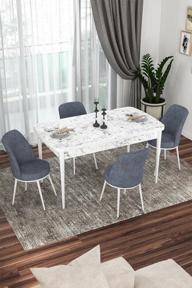 Canisa Kor Serisi 70x114 Açılabilir Mutfak Masası Takımı Beyaz Mermer Desen Masa 4 Füme Sandalye ürün görseli 1