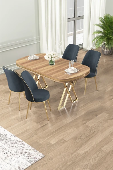 Canisa Lai Serisi 90x168 Lak Panel Hazar Masa ve 4 Antrasit Sandalye Gold Kaplama Ayak ürün görseli 1