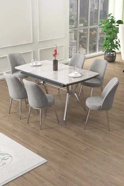 Canisa Poy Serisi 89x150 Açılabilir Lak Panel Beyaz Mermer Desen Masa Takımı 6 Gri Sandalye ürün görseli 1
