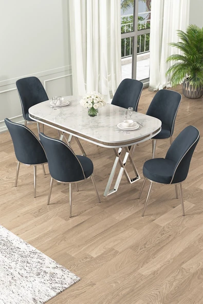 Canisa Lai Serisi 90x168 Lak Panel Beyaz Mermer Desen Krom Ayak Masa Takımı 6 Antrasit Sandalye ürün görseli 1