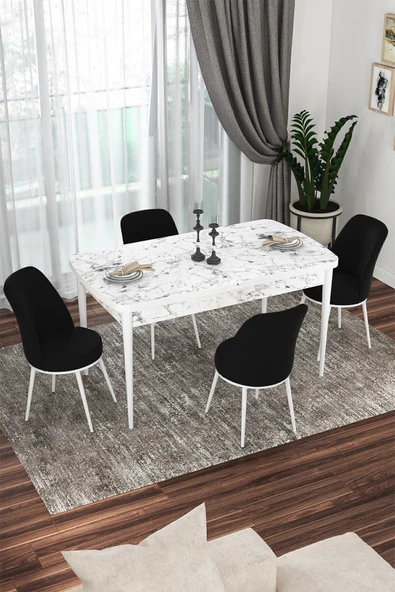 Canisa Kor Serisi 70x114 Açılabilir Mutfak Masası Takımı Beyaz Mermer Desen Masa 4 Siyah Sandalye ürün görseli 1
