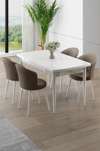 Canisa Asfel Serisi MDF 77x130 Beyaz Yandan Açılabilir Mutfak Masa Takımı 4 Cappucino Sandalye ürün görseli 1