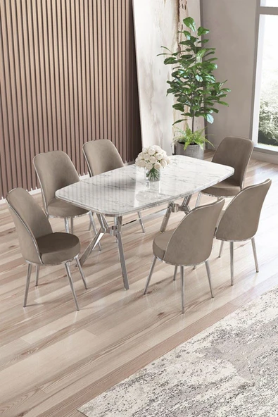 Canisa Lena Serisi 90x160 Lak Panel Beyaz Mermer Desen Krom Ayaklı Masa Takımı ve 6 Cappucino Sandalye ürün görseli 1
