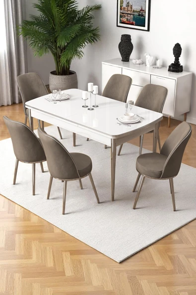 Canisa Nira Serisi 70x114 Mdf Açılabilir Beyaz Masa Takımı 6 Cappucino Sandalye Krom Detay ürün görseli 1