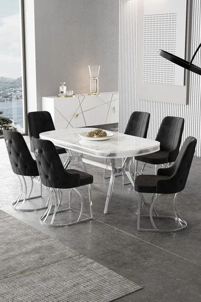 Canisa Epal Serisi 90x168 Lak Panel Beyaz Mermer Desen Masa Takımı Krom Ayaklı 6 Siyah Sandalye ürün görseli 1