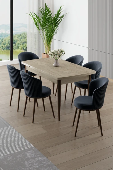 Canisa Asfel Serisi MDF 77x130 Traverten Yandan Açılabilir Mutfak Masası Takımı 6 Antrasit Sandalye ürün görseli 1