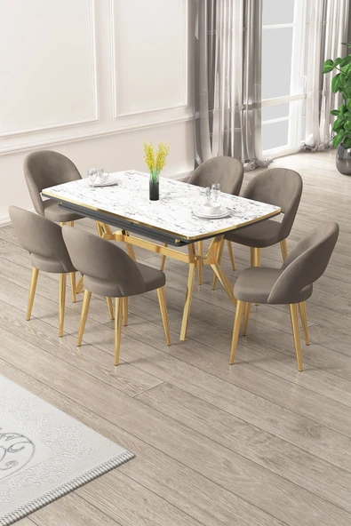 Canisa Weps Serisi 89x150 Açılabilir Lak Panel Beyaz Mermer Gold Ayak Masa Takımı ve 6 Cappucino Sandalye ürün görseli 1