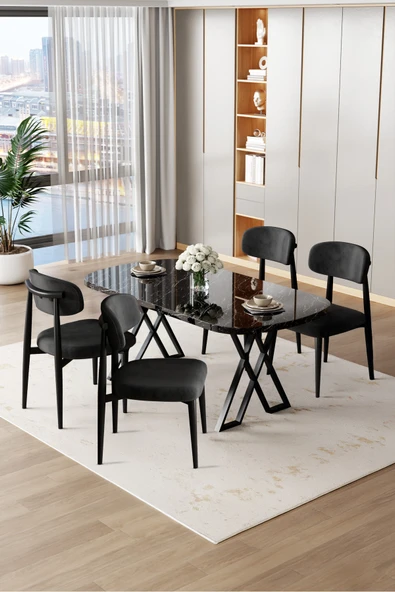 Canisa Jolin Serisi Mdf 90x168 Siyah Mermer Desen Masa Takımı 4 Siyah Metal Sandalye ürün görseli 1