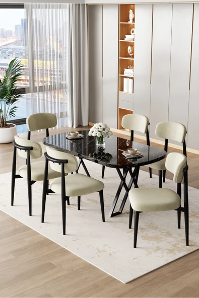 Canisa Jolin Serisi Mdf 90x168 Siyah Mermer Desen Masa Takımı 6 Krem Metal Sandalye ürün görseli 1