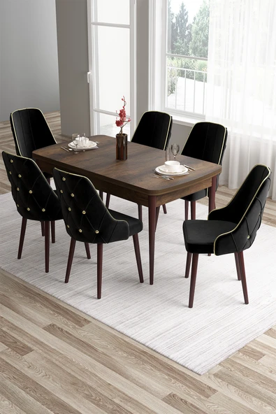 Canisa Tia Serisi 80x132 Açılabilir Mdf Mutfak Masası Takımı Barok Masa 6 Siyah Sandalye ürün görseli 1