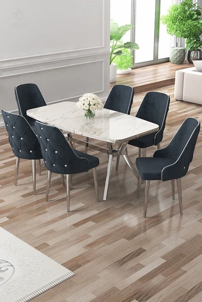Canisa Asel Serisi 90x160 Lak Panel Beyaz Mermer Desen Krom Ayaklı Masa Takımı ve 6 Antrasit Sandalye ürün görseli 1