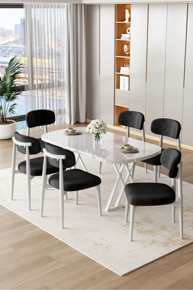 Canisa Jolin Serisi Mdf 90x168 Beyaz Mutfak Masa Takımı 6 Siyah Metal Sandalye ürün görseli 1