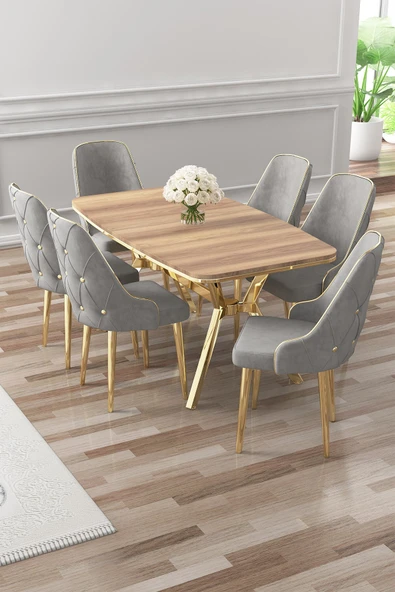 Canisa Asel Serisi 90x160 Lak Panel Hazar Gold Kaplama Ayaklı Masa Takımı ve 6 Gri Sandalye ürün görseli 1