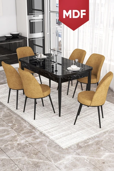 Canisa Kor Serisi 70x114 Açılabilir MDF  Mutfak Masası Takımı Siyah Mermer Desen Masa 6 Cappucino Sandalye ürün görseli 1