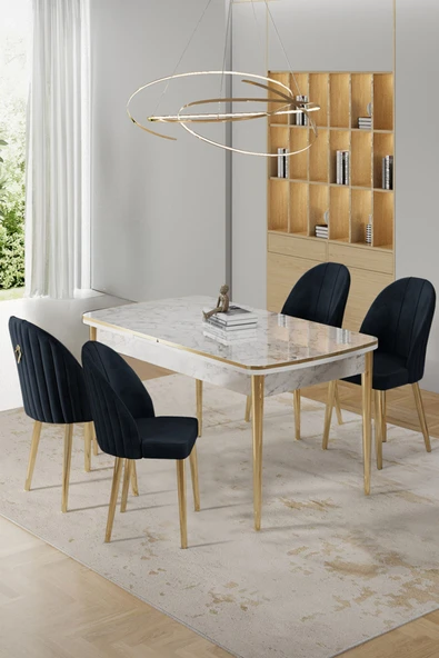 Canisa Rada Serisi 80x132 Açılabilir Lak Panel Beyaz Mermer Desen Masa 4 Antrasit Sandalye Gold Detay ürün görseli 1