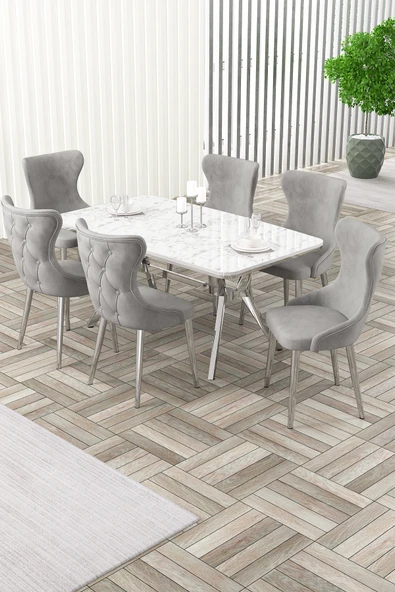 Canisa Esla Serisi 90x160 Lak Panel Beyaz Mermer Desen Krom Kaplama Ayaklı Masa Takımı ve 6 Gri Sandalye ürün görseli 1