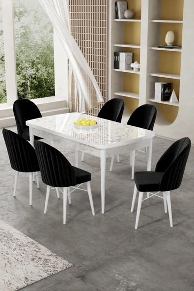 Canisa Gale Serisi 80x132 Açılabilir Lak Panel Beyaz Mermer Desen Mutfak Masa Takımı 6 Siyah Sandalye ürün görseli 1