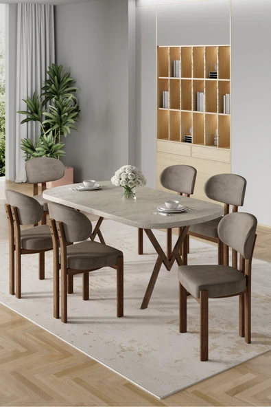 Canisa Radon Serisi MDF 90x168 Sabit Traverten Mutfak Masa Takımı 6 Cappucino Sandalye ürün görseli 1