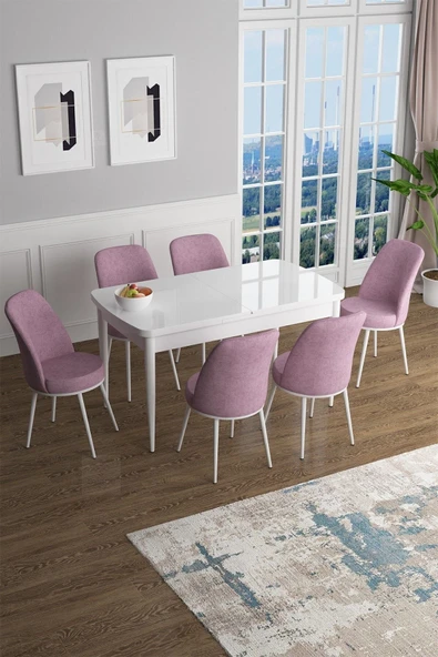 Canisa Han Serisi, Beyaz 70x114 Açılabilir Mdf Yemek Odası Takımı, 6 Pembe Sandalye ürün görseli 1