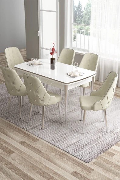 Canisa Tia Serisi 80x132 Açılabilir MDF Yemek Odası Takımı Krom Detay Beyaz Masa ve 6 Krem Sandalye ürün görseli 1