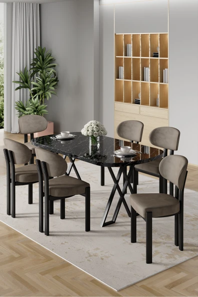 Canisa Radon Serisi MDF 90x168 Sabit Siyah Mermer Desen Mutfak Masa Takımı 6 Cappucino Sandalye ürün görseli 1