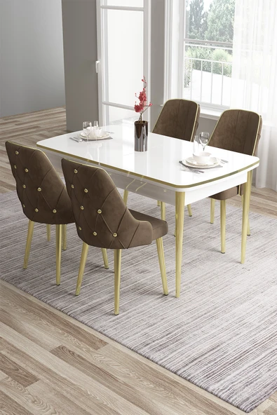 Canisa Tia Serisi Mdf 80x132 Açılabilir Beyaz Gold Detay Yemek Masası Takımı Ve 4 Kahverengi Sandalye ürün görseli 1