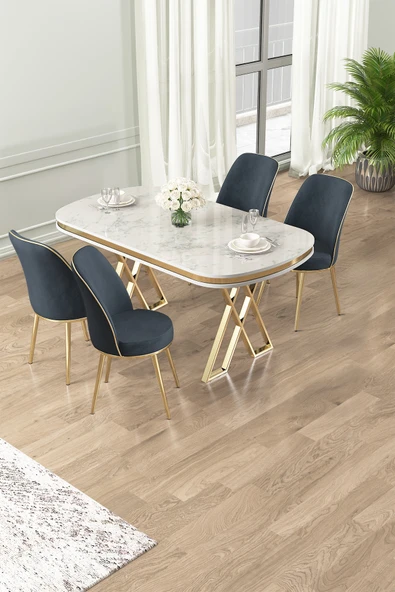 Canisa Lai Serisi 90x168 Lak Panel Beyaz Mermer Desen Masa ve 4 Antrasit Sandalye Gold Kaplama Ayak ürün görseli 1