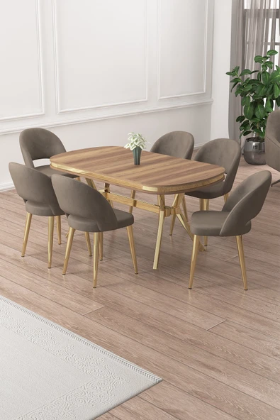 Canisa Jita Serisi 90x168 Lak Panel Hazar Gold Ayak Masa Takımı ve 6 Cappucino Sandalye ürün görseli 1