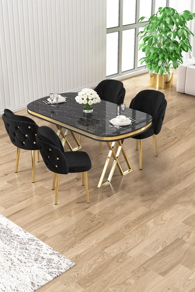 Canisa Zae Serisi 90x168 Lak Panel Siyah Mermer Desen Gold Ayak Masa Takımı 4 Siyah Sandalye ürün görseli 1