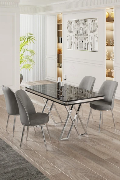 Canisa Vals Serisi 80x130 Lak Panel Siyah Mermer Desen Masa Takımı Krom Ayaklı 4 Gri Sandalye ürün görseli 1