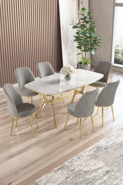 Canisa Lena Serisi 90x160 Lak Panel Beyaz Mermer Desen Gold Kaplama Ayaklı Masa Takımı ve 6 Gri Sandalye ürün görseli 1