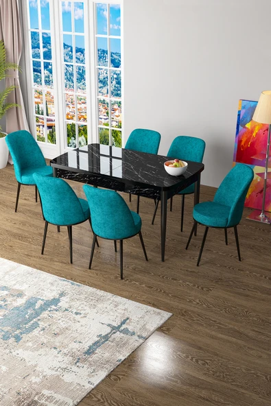 Canisa Zen Serisi 80x132 Mdf Açılabilir Siyah Mermer Desen Masa Takımı Ve 6 Turkuaz Sandalye ürün görseli 1