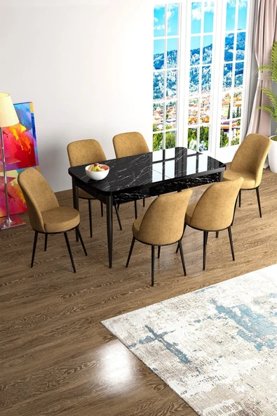Canisa Han Serisi, Siyah Mermer Desen 70x114, Açılabilir Mdf Mutfak Masa Takımı, 6 Cappucino Sandalye ürün görseli 1