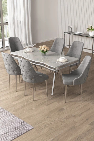 Canisa Vae Serisi 90x160 Lak Panel Beyaz Mermer Desen Krom Ayak Masa Takımı 6 Gri Sandalye ürün görseli 1