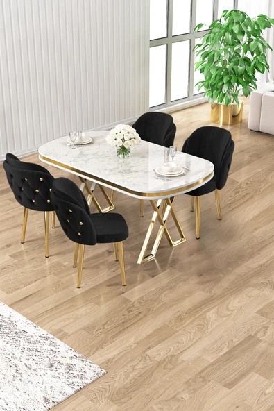 Canisa Zae Serisi 90x168 Lak Panel Beyaz Mermer Desen Gold Ayak Masa Takımı 4 Siyah Sandalye ürün görseli 1
