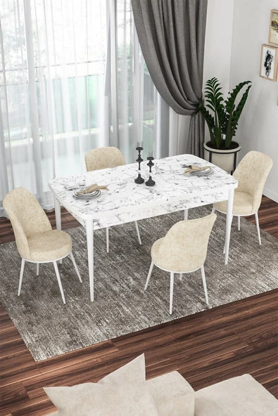 Canisa Kor Serisi 70x114 Açılabilir Mutfak Masası Takımı Beyaz Mermer Desen Masa 4 Krem Sandalye ürün görseli 1