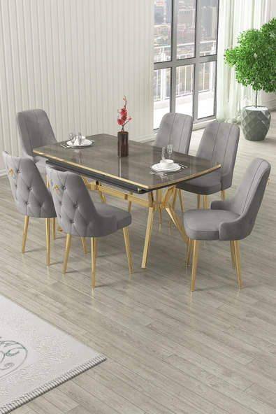 Canisa Nis Serisi 89x150 Açılabilir Lak Panel Antrasit İroni Gold Ayak Masa Takımı ve 6 Gri Sandalye ürün görseli 1