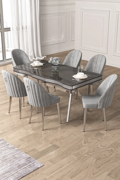 Canisa Pem Serisi 90x160 Lak Panel Antrasit İroni Krom Ayak  Masa Takımı 6 Gri Sandalye ürün görseli 1