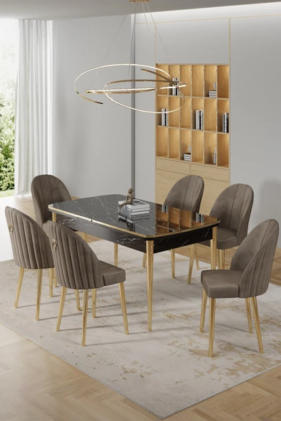 Canisa Rada Serisi 80x132 Açılabilir Lak Panel Siyah Mermer Desen Masa 6 Cappucino Sandalye Gold Detay ürün görseli 1