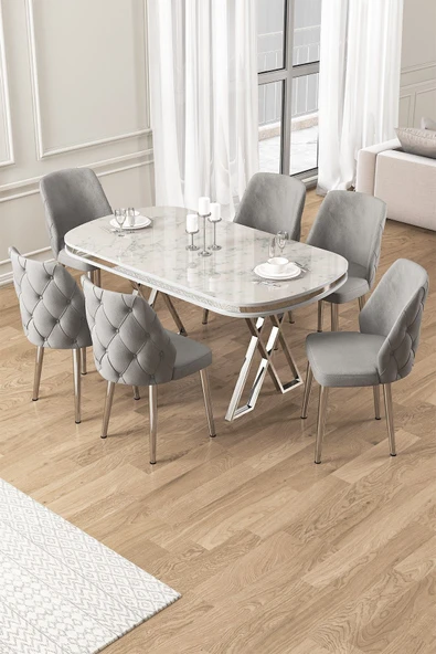Canisa Afe Serisi 90x168 Lak Panel Beyaz Mermer Desen Krom Ayak Masa Takımı 6 Gri Sandalye ürün görseli 1