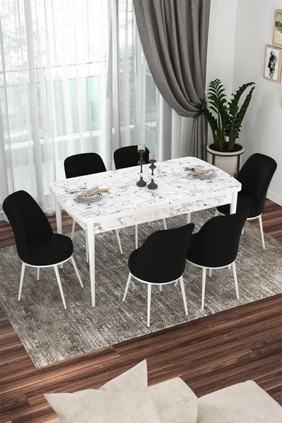 Canisa Kor Serisi, Beyaz Mermer Desen 70x114 Açılabilir Yemek Masa Takımı,6 Siyah Sandalye ürün görseli 1