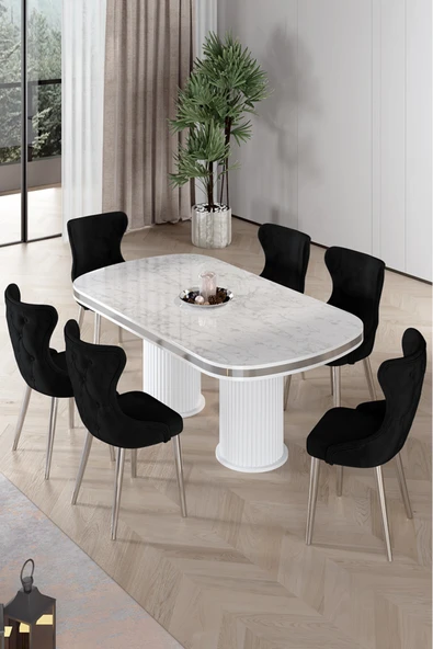 Canisa Galya Serisi Lak Panel 90x168 Sabit Beyaz Mermer Desen Mutfak Masa Takımı 6 Siyah Sandalye ürün görseli 1