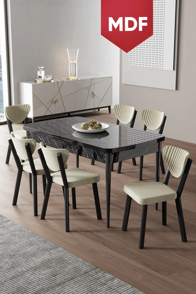 Canisa Exve Serisi 80x132 Açılabilir MDF Siyah Mermer Desen Masa Takımı ve 6 Krem Sandalye ürün görseli 1
