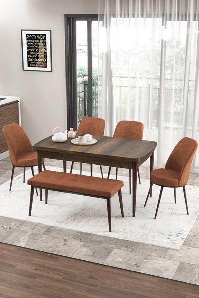 Canisa Zen Serisi 80x132 Mdf Açılabilir Barok Ahşap Desen Masa Takımı 4 Kiremit Sandalye Ve 1 Bench ürün görseli 1