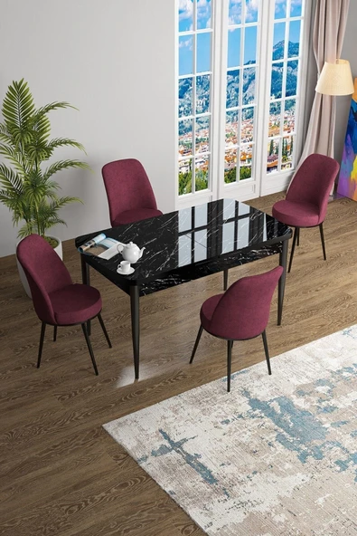 Canisa Han Serisi 70x114 Açılabilir Mdf Mutfak Masası Takımı Siyah Mermer Desen Masa 4 Bordo Sandalye ürün görseli 1